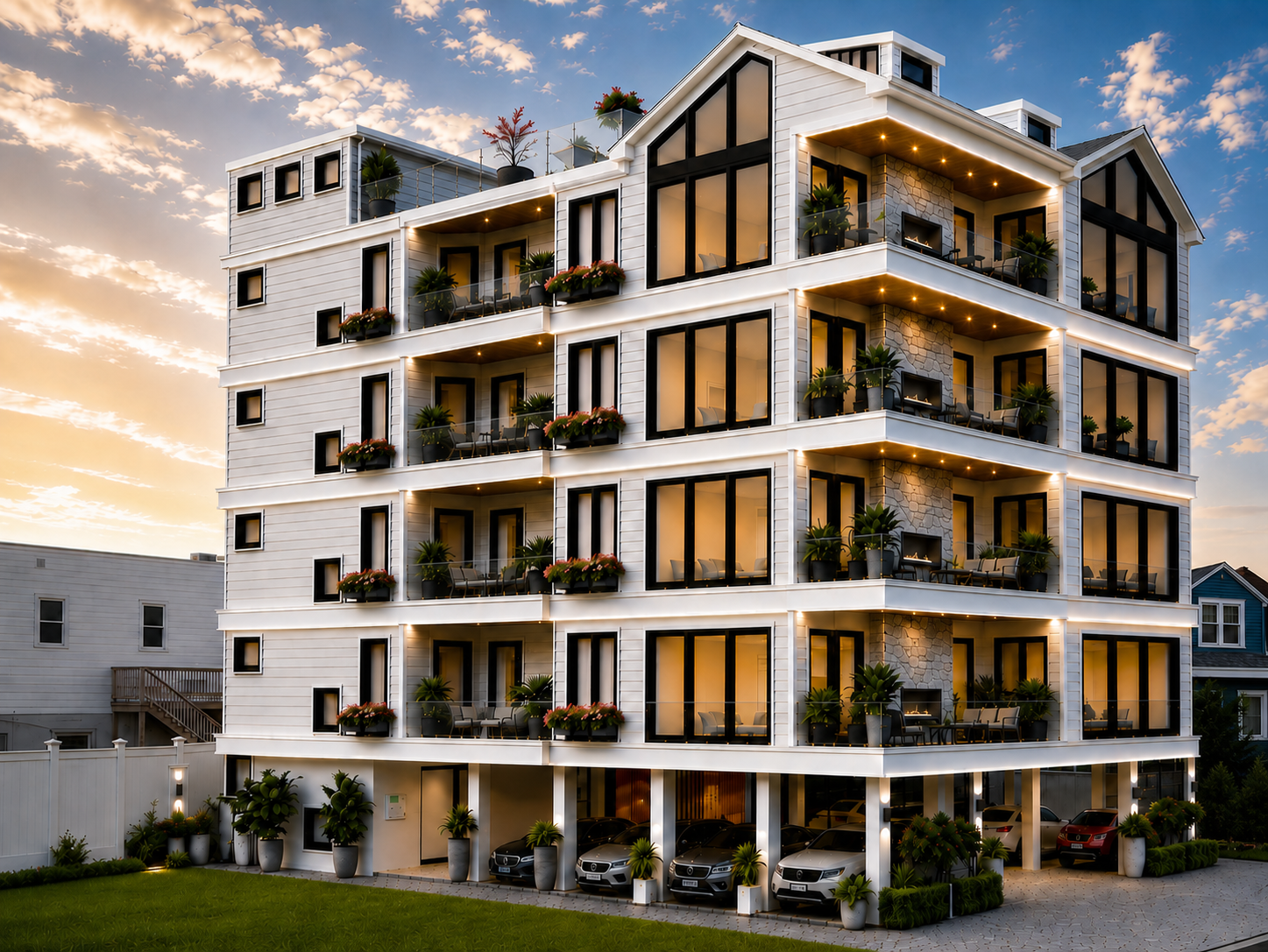 Ocean Luxe Suites exterior — four floors above covered parking
